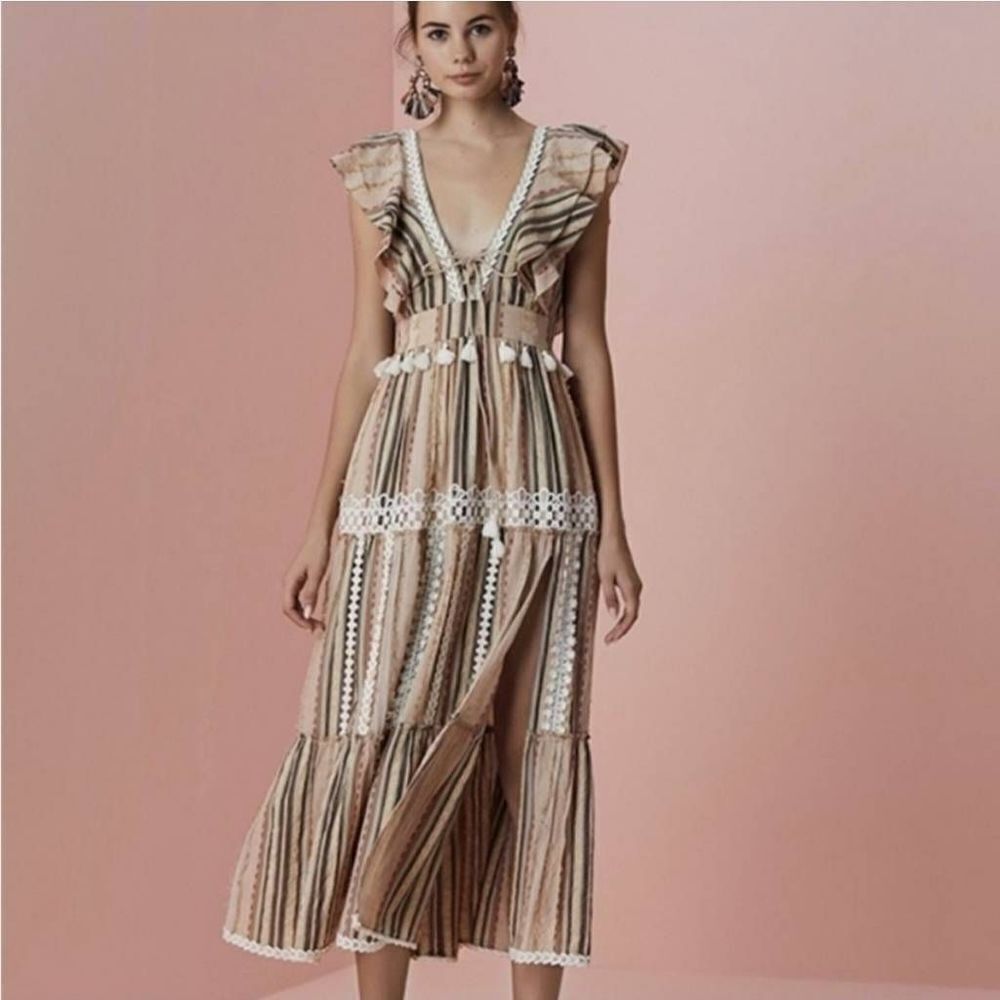 Hemant & Nandita Boho Fringe Printed Maxi Dress Ruffle Women's Size Medium
